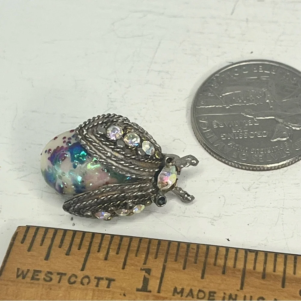 Antique Iridescent Enamel Crystal Accents Insect Brooch